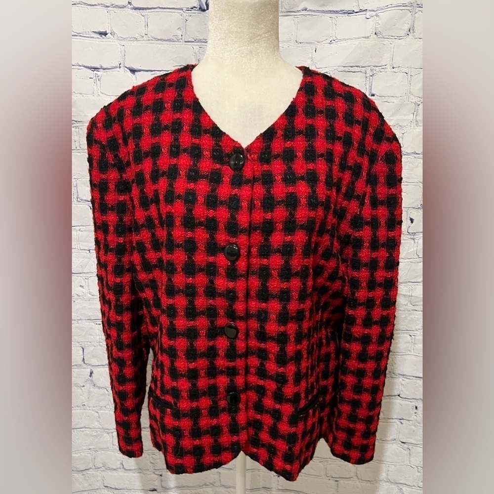 Vintage Jacqueline Ferrar Womens black and red houndstooth Jacket blazer Size 16